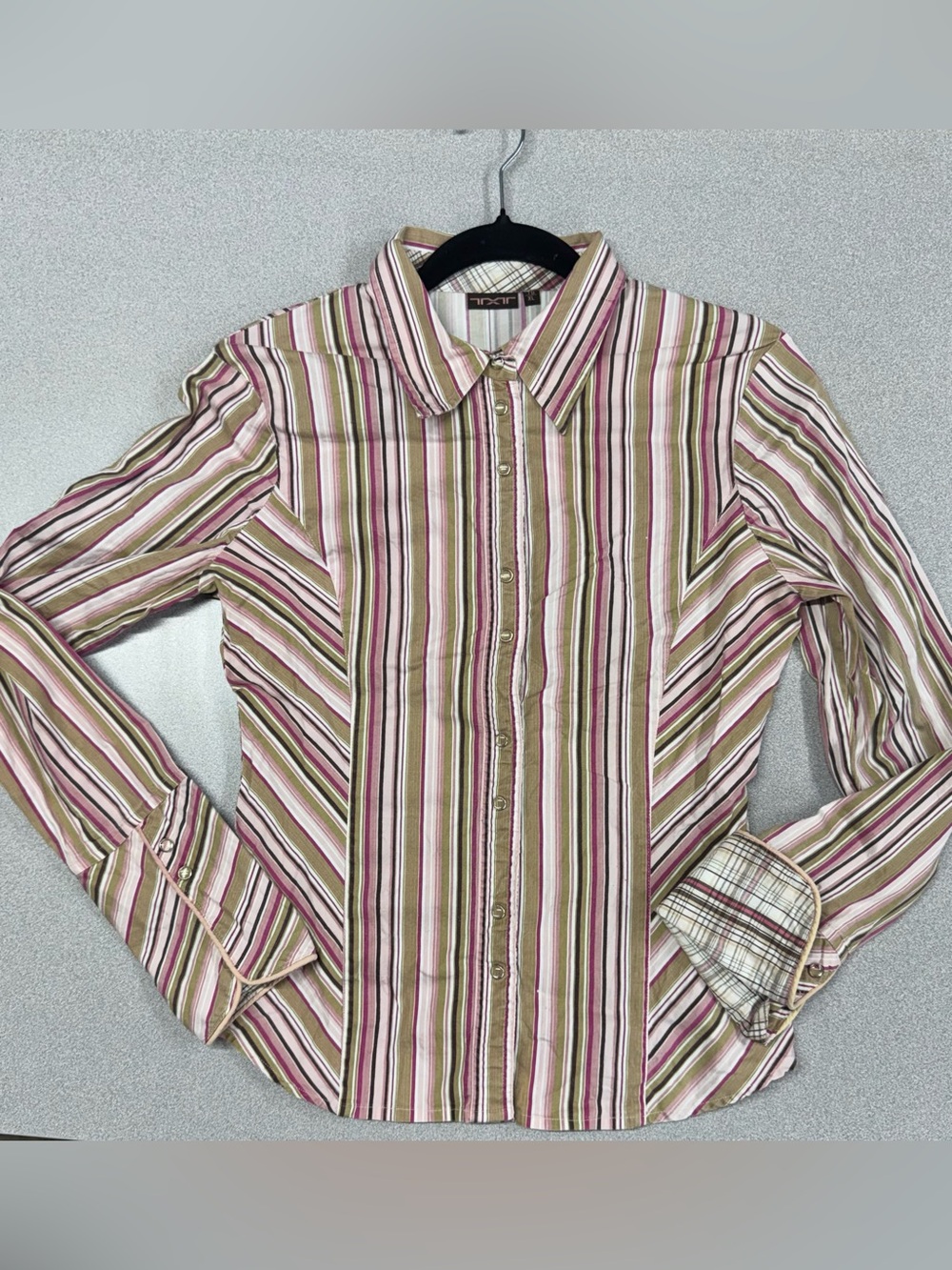 TXT Tailored Striped Western Long Sleeve Dress Shirt in Pink, Olive & Cream